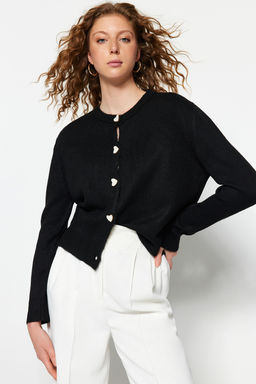 Siyah Yumusak Dokulu Mucevher Dugmeli Ceket Gorunumlu Triko H?rka TWOAW22HI0044