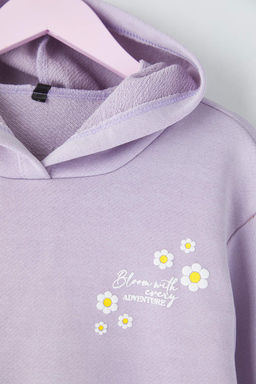 Lila Oversize Cicekli Kapusonlu K?z Cocuk Orme Sweatshirt TKDAW26SW00049