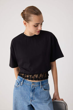 Siyah D_z Regular Bisiklet Yaka Dantel Detayl_ Pamuklu _rme T-Shirt TWOSS26TS00336 - Trendyolmilla фото 2