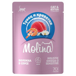 MOLINA SUPERPREMIUM Пауч с Тунцом и Креветками для котят и кошек, волокна в соусе, 70г