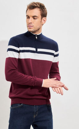 Джемпер мужской в полоску с воротником-стойкой на молнии F221-15-831 сине-бордовый - Fine joyce фото 11