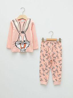 Bisiklet Yaka Uzun Kollu Bugs Bunny Bask?l? Pamuklu K?z Bebek Pijama Tak?m?