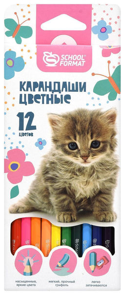 Набор цветных карандашей Schoolformat ПУШИСТЫЕ КОТЯТА 12 цветов, шестигранные