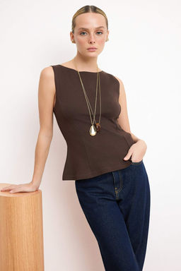 Kahverengi S?f?r Kol Bisiklet Yaka Esnek Orme Bluz TWOSS25BZ00604