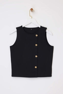 Siyah Fitted/Vucuda Oturan Dugmeli Kolsuz Aksesuar Detayl? Scuba Krep Orme Bluz TWOSS26BZ00015