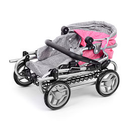 Коляска зима-лето для кукол, металл. с сумкой-переноской, с корзиной, цвет серо-розовый