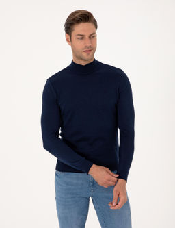 A__k Lacivert Slim Fit Yar_m Bal_k__ Yaka Basic Triko Kazak