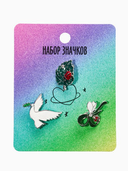 Броши "Голубь, листик, подснежник" (набор 3шт), цветной в серебре