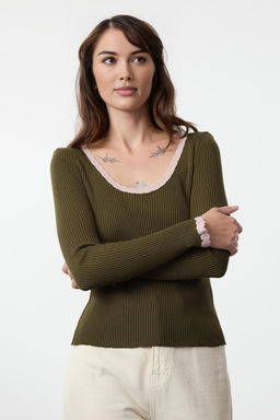 Yesil Fitilli Havuz Yaka Renk Bloklu Triko Kazak TWOAW25KZ00242