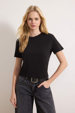 Gri Melanj-Siyah 2li Paket %100 Pamuk Crop Bisiklet Yaka Orme T-Shirt TWOSS20TS1480