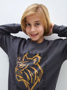 Rahat Kal?p Bisiklet Yaka Bask?l? Erkek ?ocuk Sweatshirt