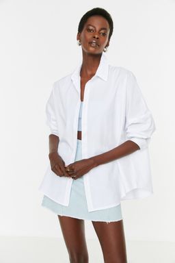 Ekru Pamuklu Oversize Genis Kal?p Dokuma Gomlek TWOSS22GO0669