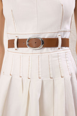 Trendyolmilla Ekru Kemerli V Yaka PIleli Mini Denim Elbise TWOSS25EL00739  фото 3