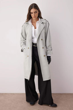 Bej Oversize Genis Kesim Kusakl? Su Itici Uzun Trenckot TWOSS21TR0005