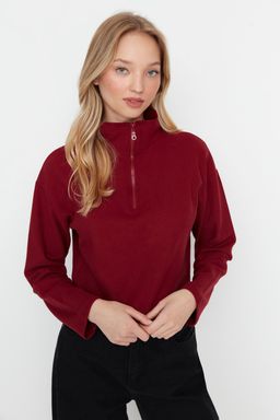 Bordo Selanik/Triko Gorunumlu Fermuarl? Yaka Regular/Normal Kal?p Orme Sweatshirt TWOAW22SW0732