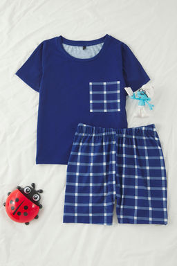 Lacivert Erkek Cocuk Ekoseli K?sa Kol Sortlu Orme Pijama Tak?m? TKDSS25PT00034