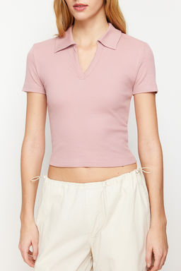 Trendyolmilla Siyah Fitted/Vucuda Oturan Crop Polo Yaka Fitilli Esnek Orme Bluz TWOSS21BZ0038  фото 3