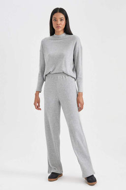 Ребристая футболка с длинными рукавами и круглым вырезом Relax Fit - Defacto фото 5