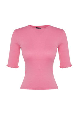 Pembe Fitilli Fitted/Vucuda Oturan Bisiklet Yaka Esnek Orme Bluz TWOSS23BZ00025