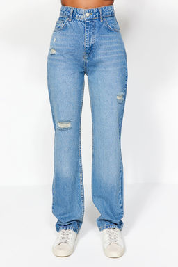 TRENDYOLMILLA Mavi Y?rt?kl? Yuksek Bel Uzun Straight Jeans TWOAW24JE00033