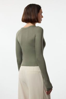 Haki Premium Viskon Bisiklet Yaka Crop Esnek Orme Bluz TWOAW24BZ00116
