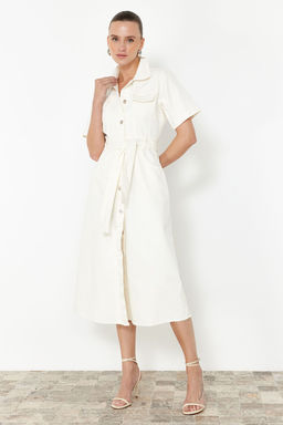 TRENDYOLMILLA Ekru Etek Ucu Puskullu Kemerli Maxi Denim Elbise TWOSS24EL00377 фото 8