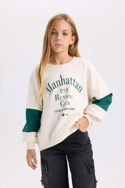 Толстовка оверсайз с широким кроем и круглым вырезом для девочек с принтом и надписью - Defacto фото 3