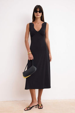 Siyah A-Kesim/Can Form V Yaka Kolsuz Dantel Detayl? Midi Saten Orme Elbise TWOSS26EL00263