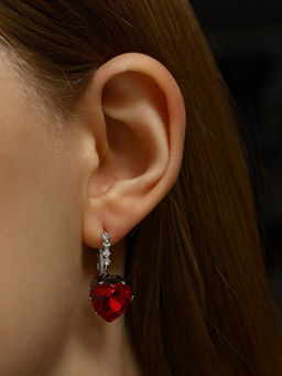 Серьги со стразами Сердце мерцание, бело-красные в серебре