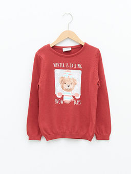 Bisiklet Yaka Bask?l? Uzun Kollu K?z ?ocuk Triko Kazak