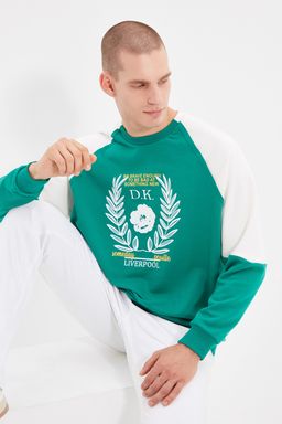 Zumrut Yesili Oversize/Genis Kesim Kol Panelli Bask?l? Sweatshirt TMNAW22SW1214 - Trendyolmilla фото 4