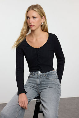 Siyah Fitted/Vucuda Oturan Havuz Yaka Uzun Kollu Esnek Orme Bluz TWOAW25BZ00202 - Trendyolmilla фото 2