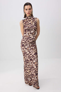 Kahverengi Leopar Desen Korse Detay Sandy Maxi Astars?z Party Elbise TPRSS26EL00223 - Trendyolmilla фото 2