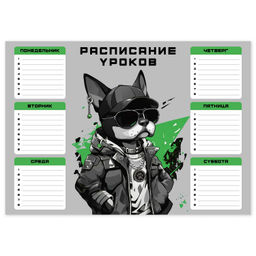 Расписание уроков А4, арт. 68857/ 50 КРУТОЙ ПЕС (210x297 мм, материал: мелованный картон 235 г/м?, п