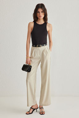 Bej Wide Leg/Genis Paca Pilili Dokuma Pantolon TWOAW22PL0475