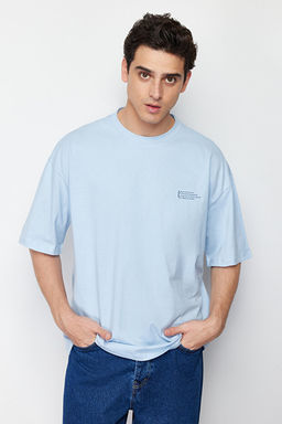 A__k Mavi Oversize %100 Pamuklu Bisiklet Yaka Minimal Yaz_ Bask_l_ T-Shirt TMNSS23TS00084