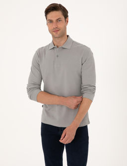 Gri Slim Fit K_vr_lmaz Polo Yaka Basic Pike Sweatshirt
