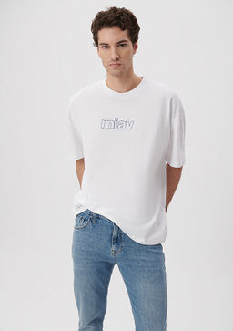 Miav Bask?l? Oversize Beyaz Ti??rt