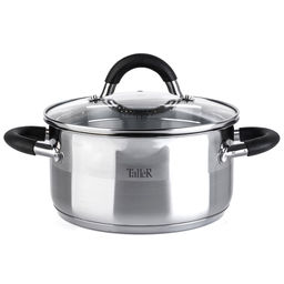 Кастрюля из нержавеющей стали Телфорд 2л, д18см, h9см, s0,6мм, дно s2,8мм, стеклянная жаропрочная крышка, широкий металлический ободок с отверстиями для слива жидкости, пароотвод, ручки из нержавеющей стали с силиконовыми вставками, капсулированное