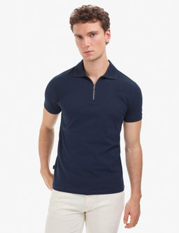 Lacivert Slim Fit %100 Pamuk K_vr_lmaz Fermuarl_ Polo Yaka Basic Ti__rt
