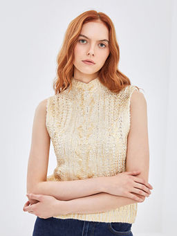 Yar?m Bal?k?? Yaka Kendinden Desenli Kad?n Triko S?veter