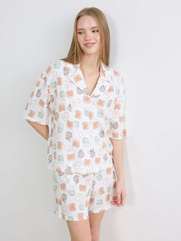 G?mlek Yaka Desenli Kad?n ?ortlu Pijama Tak?m?