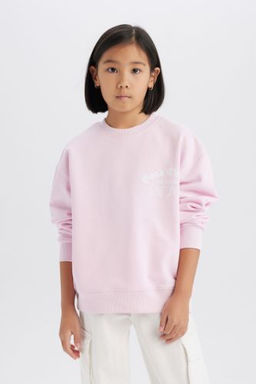 K?z Cocuk Relax Fit Bisiklet Yaka Bask?l? Sweatshirt