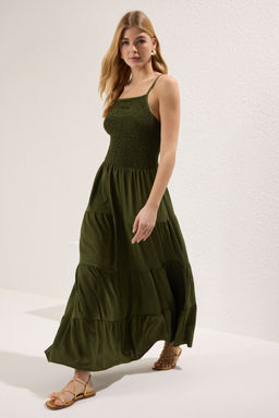 Haki Duz Etegi Belden Ac?lan Gipeli Maxi Dokuma Elbise TWOSS25EL00586
