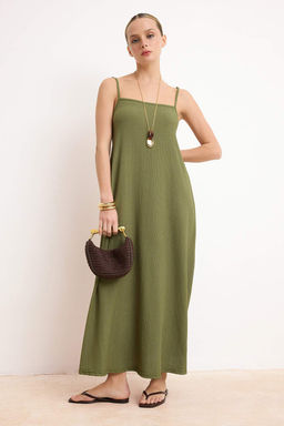 Haki Ayarlanabilir Ask?l? A-Line Burumcuk/Dokulu Orme Maxi Elbise TWOSS24EL00060