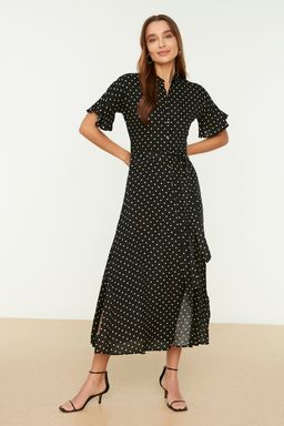 TRENDYOLMILLA Siyah Kusakl? Puantiyeli Maxi Viskon Dokuma Gomlek Elbise TWOSS19EL0094