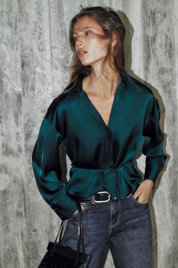 BLUSA SATINADA CINTUR?N / Verde pato - Zara фото 2