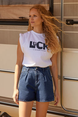 TRENDYOLMILLA Mavi More Sustainable Pileli Yuksek Bel Denim Sort TWOSS20SR0129 фото 20