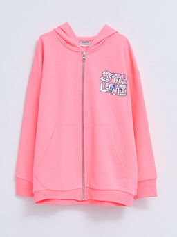 Kap??onlu Bask?l? Uzun Kollu K?z ?ocuk Fermuarl? Sweatshirt