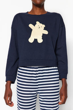 Trendyolmilla Lacivert %100 Pamuklu Ay?c?kl? Orme Pijama Tak?m? THMAW21PT0302